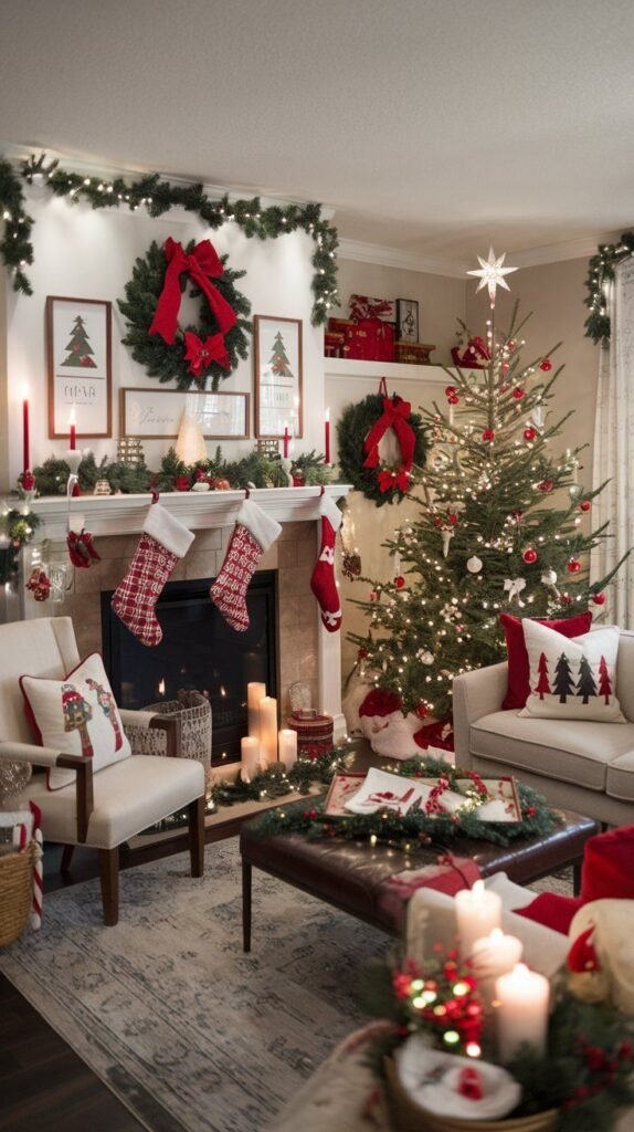 Traditional living room with Christmas decorations, including stockings, garlands, a festive tree, and glowing candles by the fireplace.