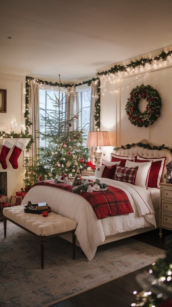 Bedroom adorned with Christmas decorations, featuring garland lights, a decorated tree by the window, and cozy red bedding.