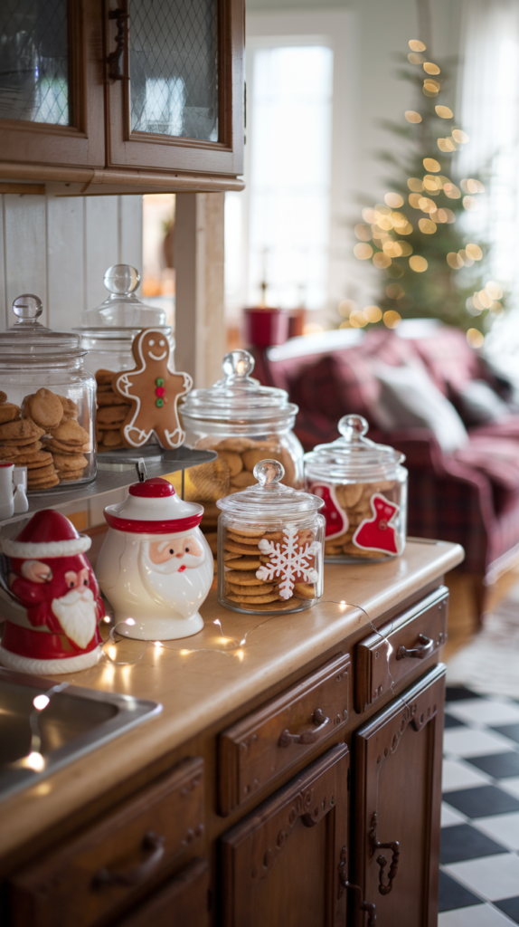 Christmas decorations with holiday-themed cookie jars filled with treats for a festive kitchen.