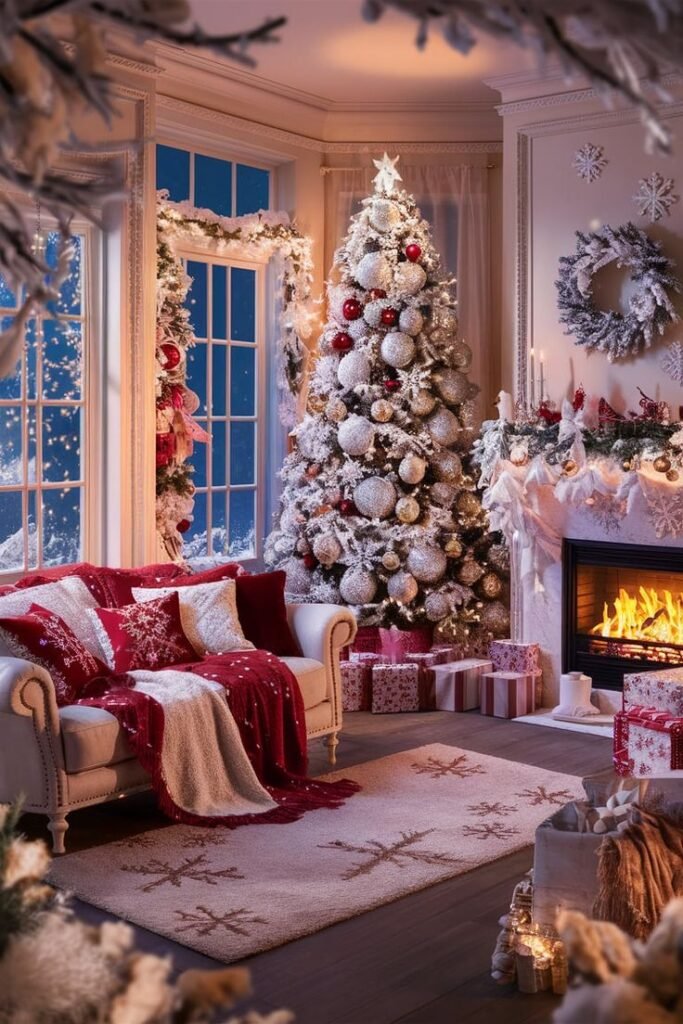 Elegant winter-themed living room with Christmas decorations, showcasing a frosted Christmas tree, cozy red blankets, and a roaring fireplace.