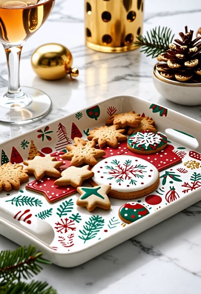 Christmas decorations featuring a festive serving tray with cookies and holiday accents.