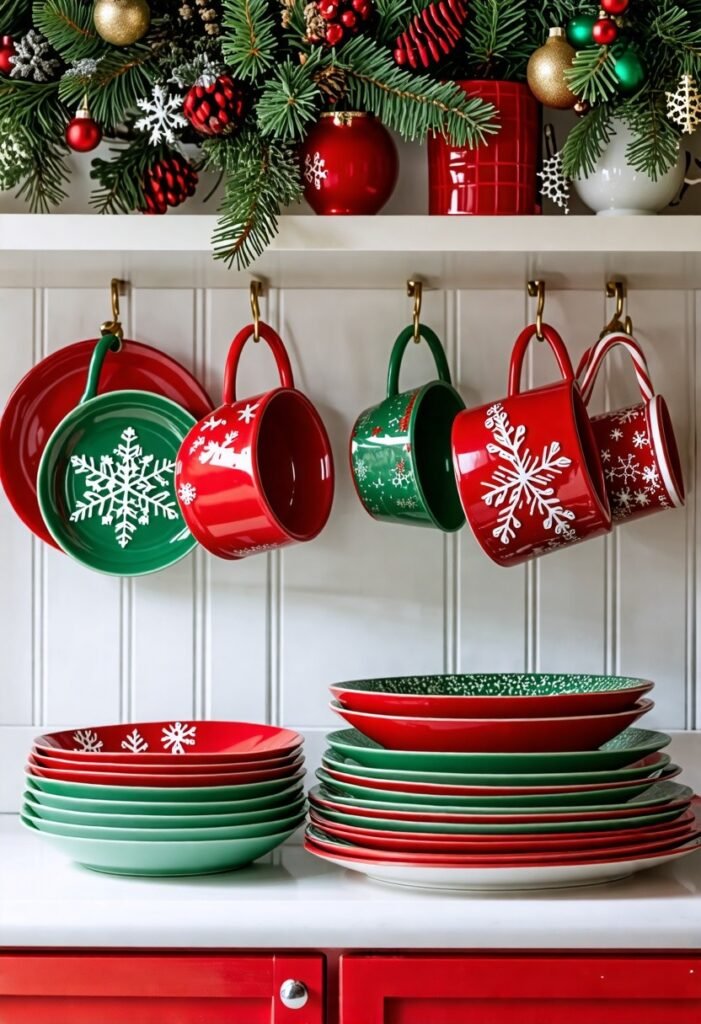 Christmas decorations with red and green snowflake-themed dishes for holiday dining decor.