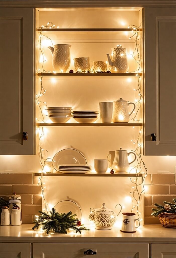 Christmas decorations with glittering fairy lights inside kitchen cabinets for a festive look.