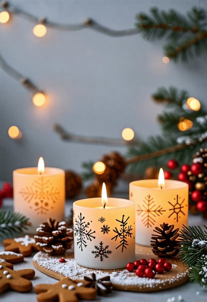 Christmas decorations with scented candles featuring snowflake designs for a cozy holiday atmosphere.